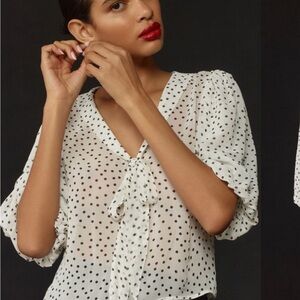 Anthropologie Maeve puff Sleeve Polka Dot Tie Neck Blouse, Size MP, GUC